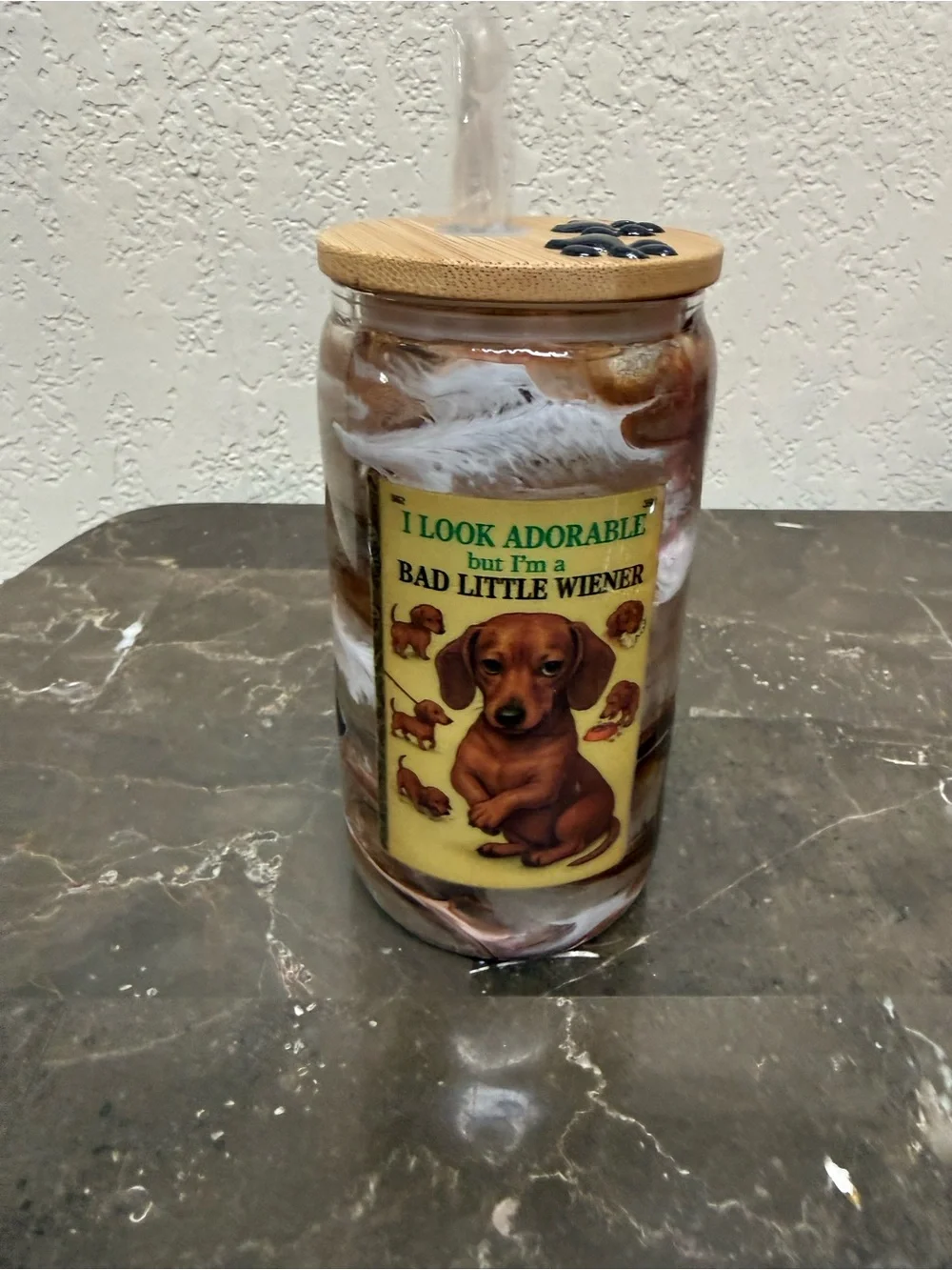 Bad Little Weenie Dachshund 12 oz Wine Glass Tumbler Cup with Lid Handmade